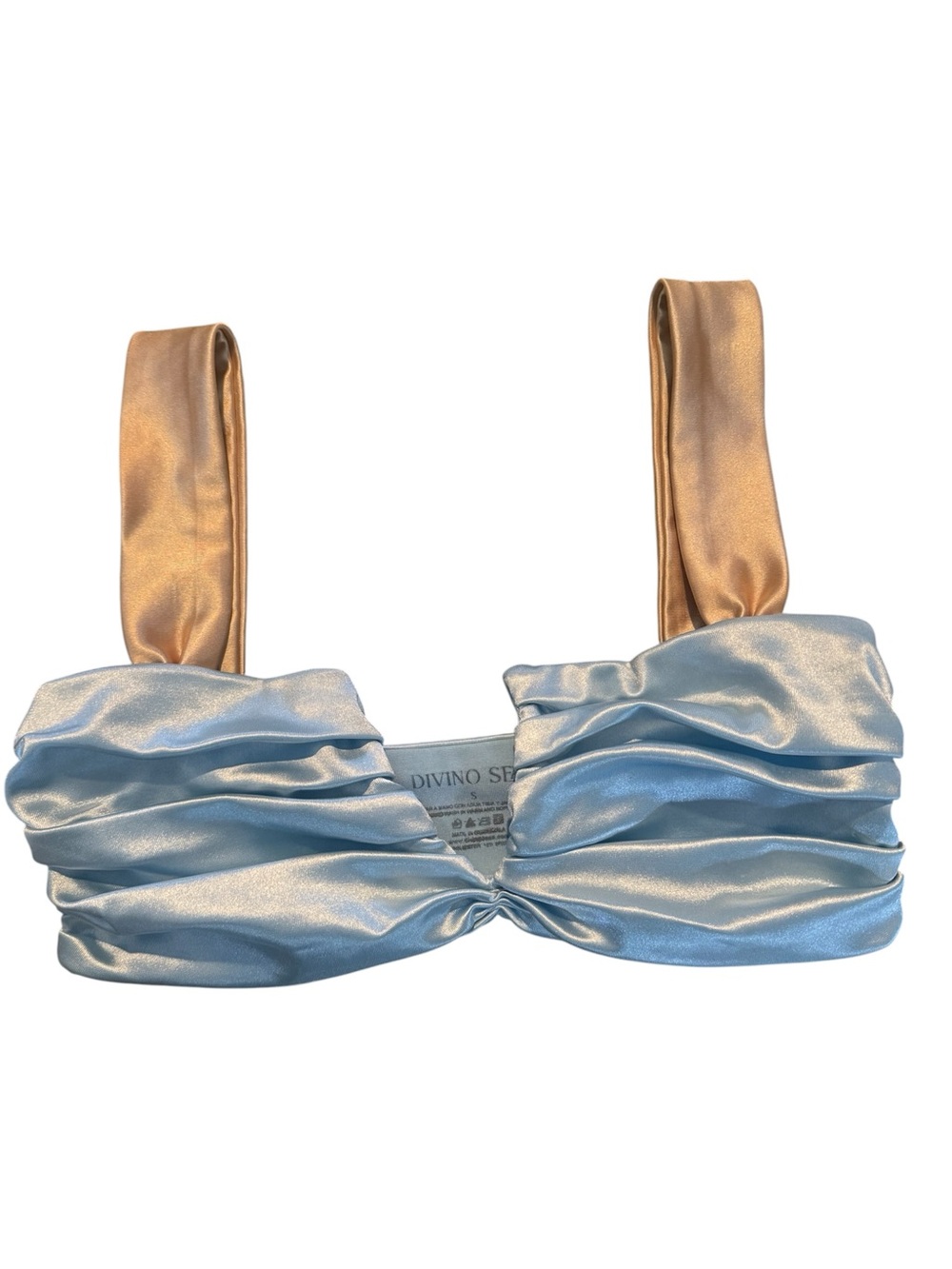 Divino Seas Ruched Satin Bikini Top in Light Blue and Cream